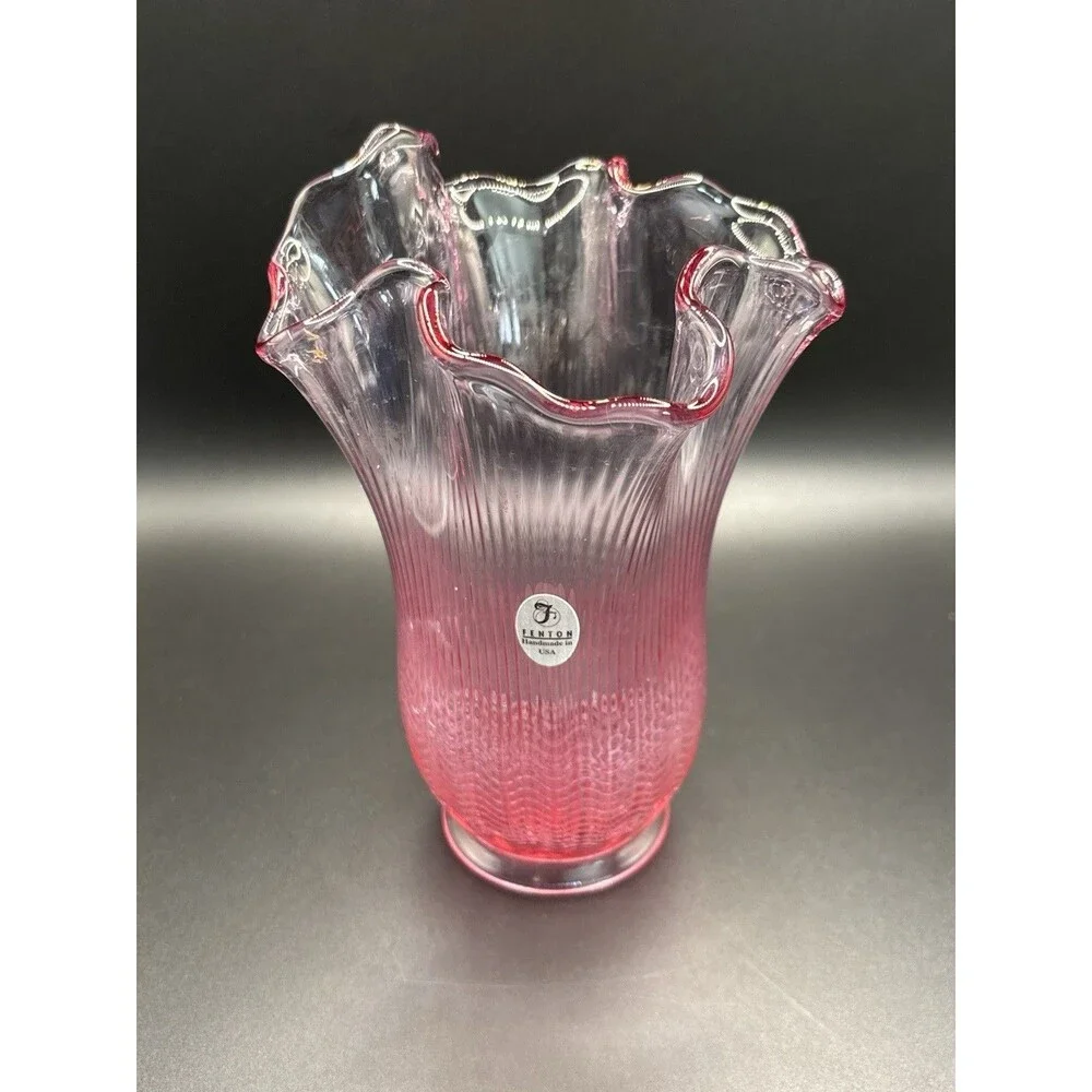 Vintage Fenton Art Glass Swung Vase Purple Pink Cranberry W/ Sticker~6”